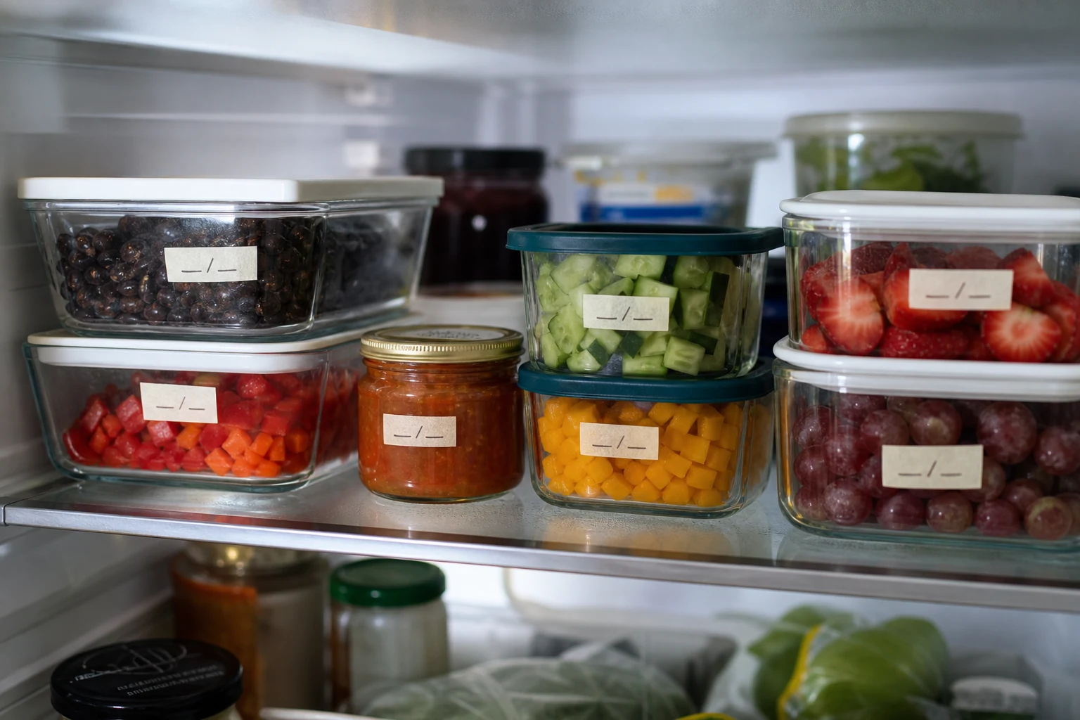 Prateleira de geladeira com potes transparentes de comida pré-preparada e ingredientes organizados para a semana.