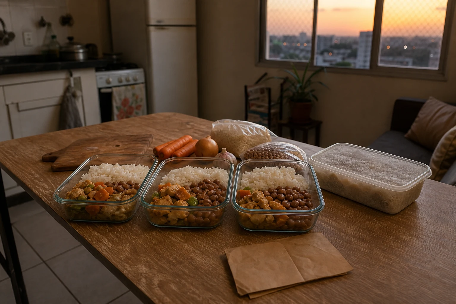 Kit simples de três refeições prontas e uma porção extra no freezer para reduzir pedidos de delivery durante a semana.