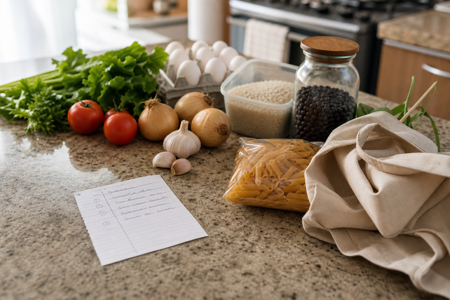 Bancada de cozinha com nota simples de três jantares da semana e alguns ingredientes básicos já separados.