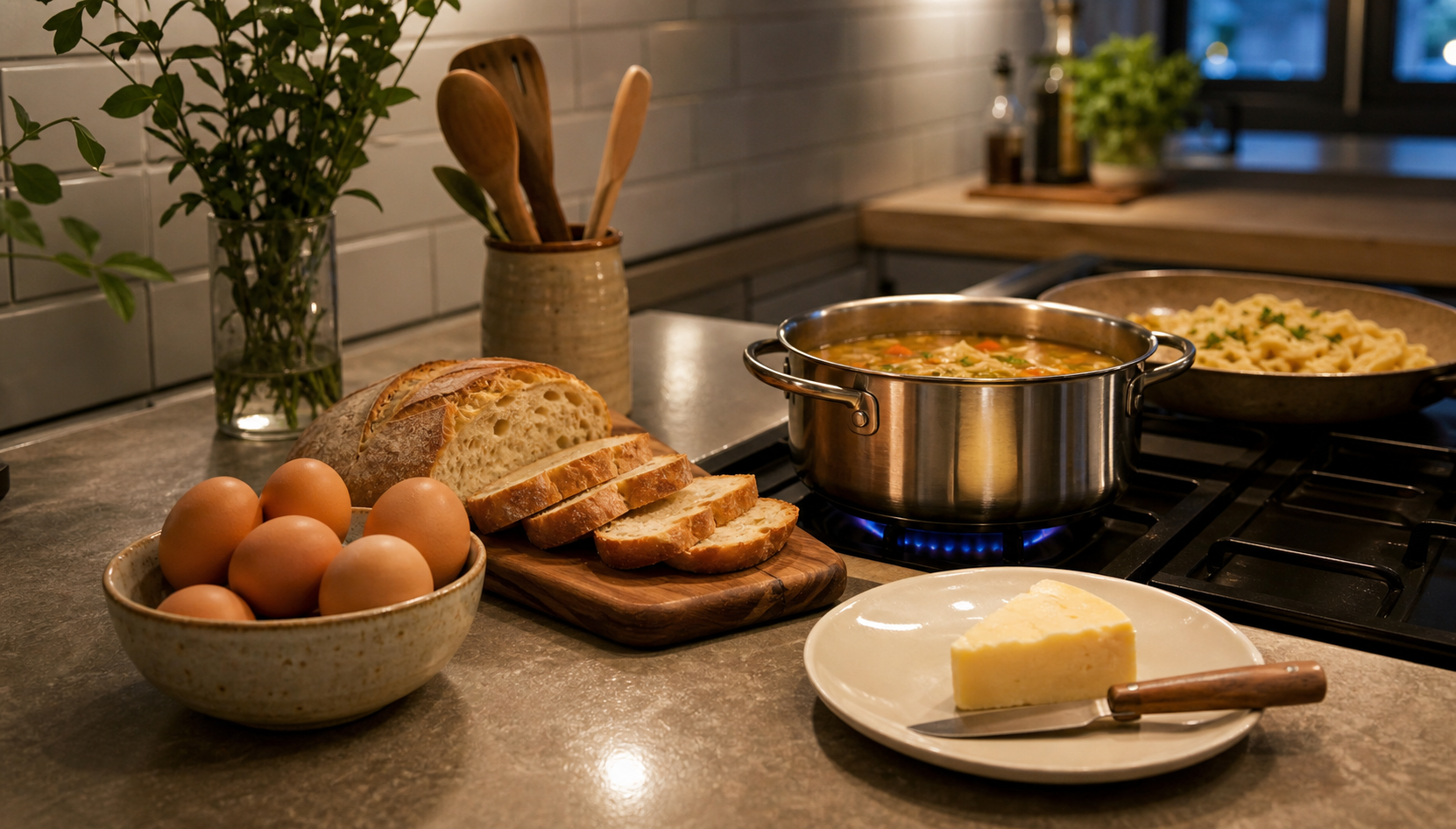 Ingredientes simples de uma refeição-resgate, como ovos, pão, queijo e sopa, prontos para um jantar rápido na cozinha.