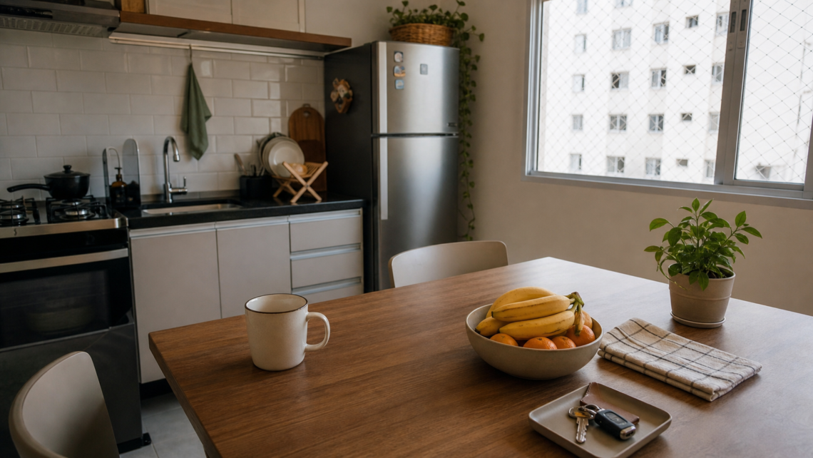 Mesa e bancada de casa organizadas de forma simples, representando menos bagunça visual no dia a dia.
