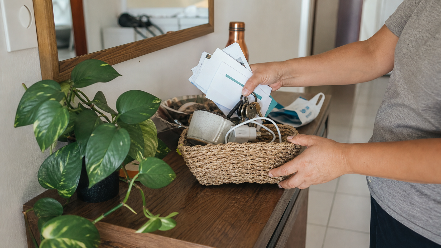 Bancada de casa sendo esvaziada aos poucos com papéis, xícara e objetos soltos indo para um cesto.