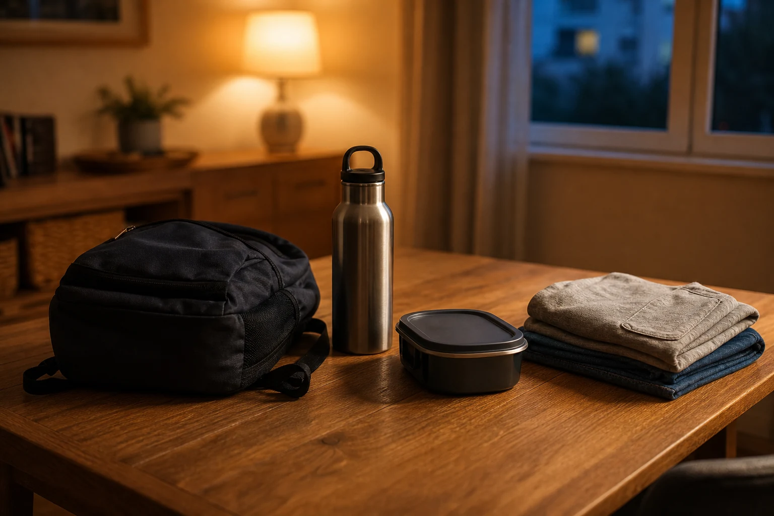 Mesa ou aparador com mochila, pote de lanche, garrafa e roupas já separadas para a manhã seguinte.