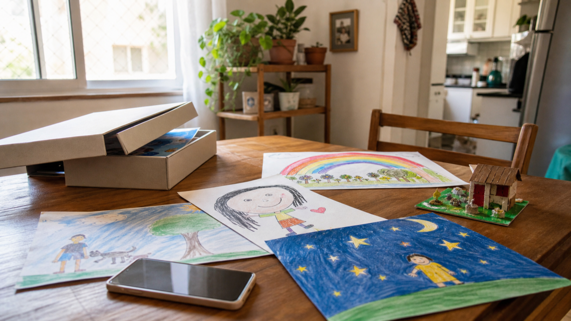 Desenhos infantis e caixa arquivo sobre mesa em casa