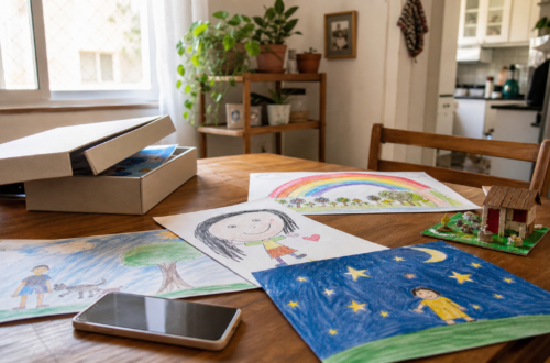 Desenhos infantis e caixa arquivo sobre mesa em casa