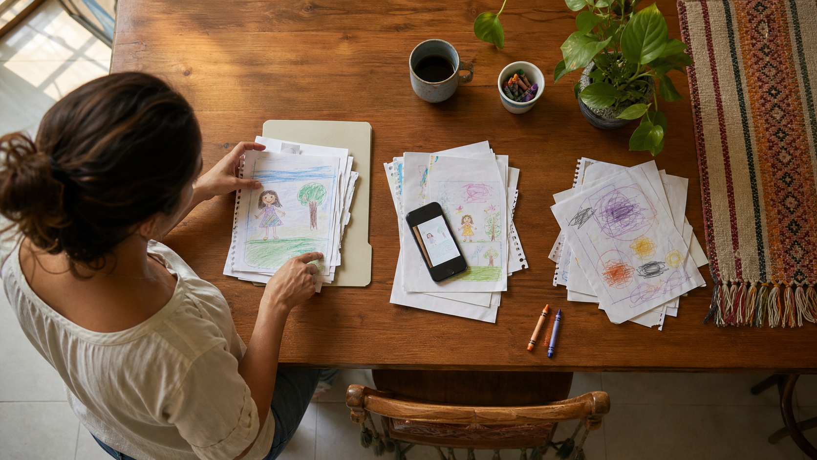 Mesa com desenhos infantis separados em três grupos: guardar, fotografar e descartar.