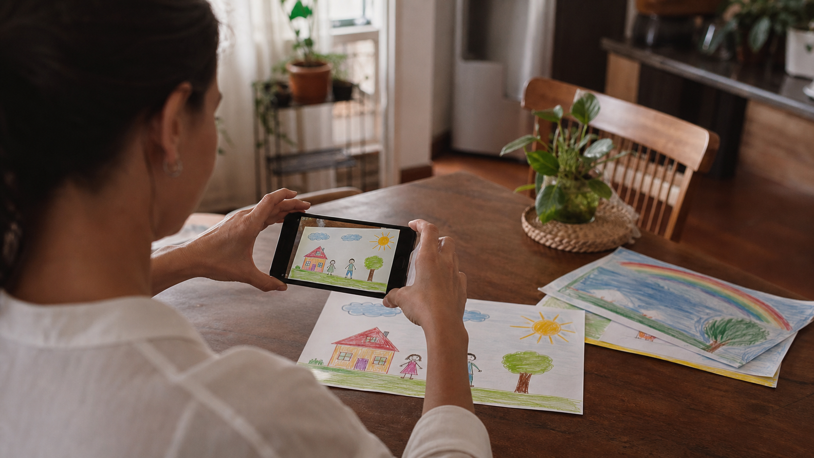 Pessoa fotografando desenho infantil com o celular para guardar em álbum digital por ano.