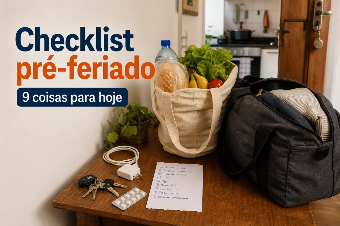 Mesa de entrada com checklist, chaves, bolsa e itens do feriado prontos para sair de casa
