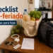 Mesa de entrada com checklist, chaves, bolsa e itens do feriado prontos para sair de casa