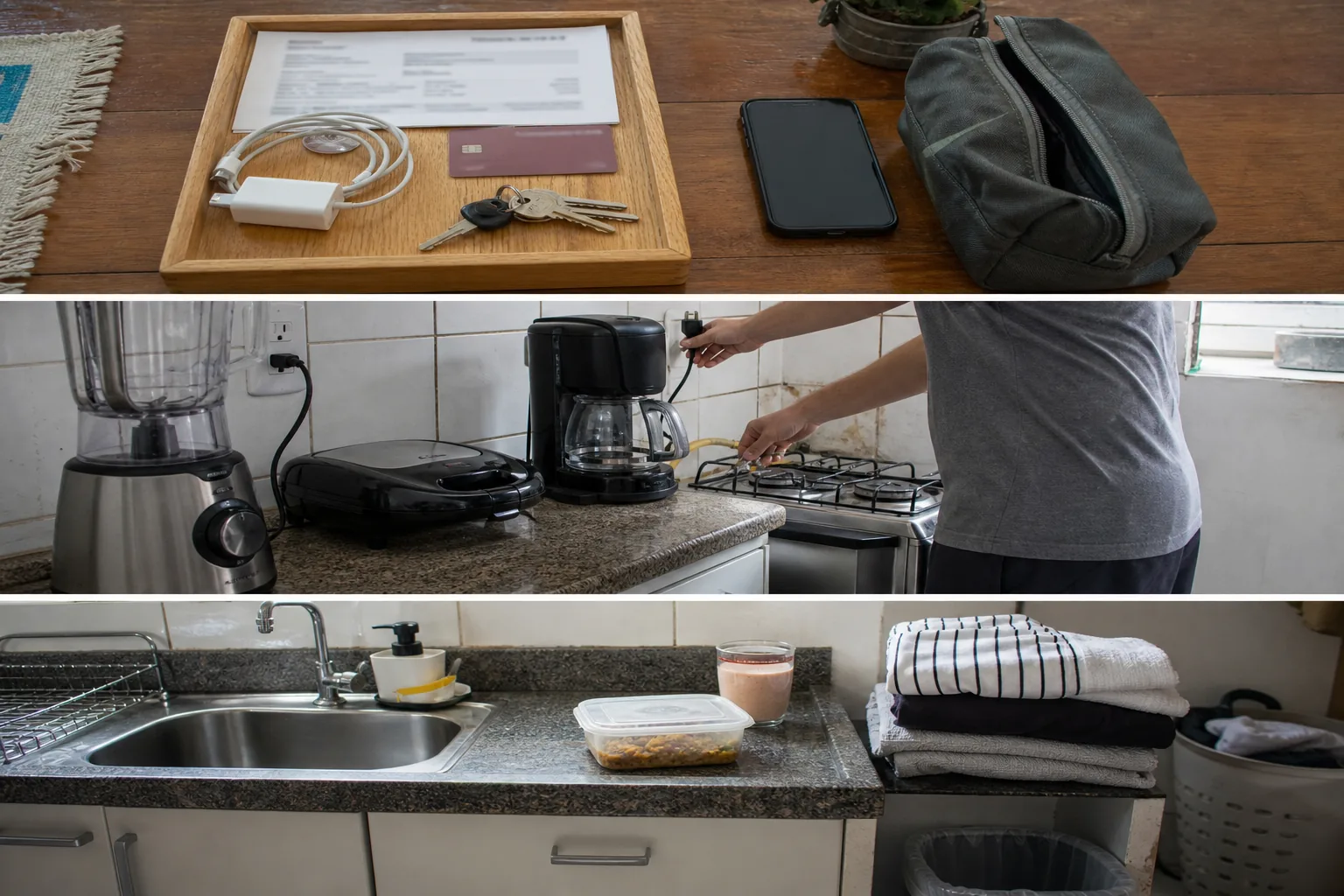 Documentos, carregador, chaves e celular organizados em uma bandeja antes do feriado