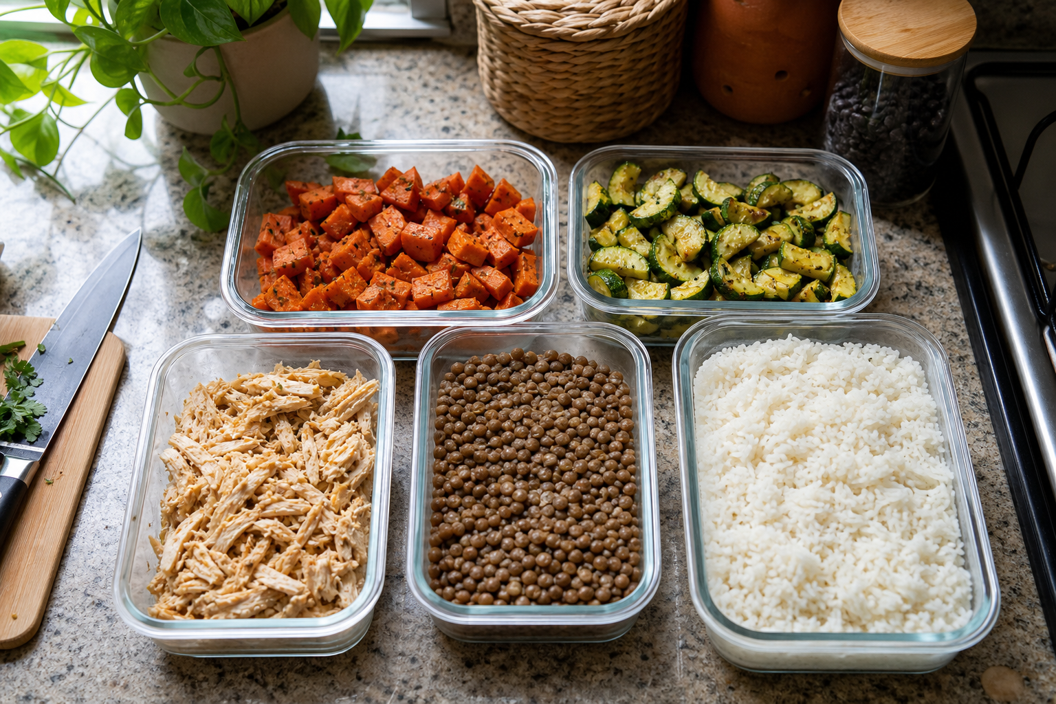 Bancada de cozinha com potes alinhados contendo arroz, legumes assados, frango desfiado e feijão já preparados para montagem de marmitas.
