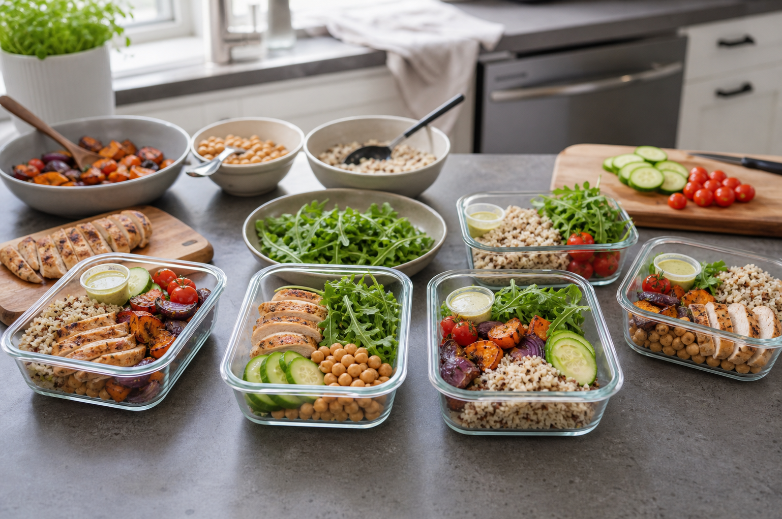 Mesa com cinco marmitas sendo montadas a partir das mesmas bases, cada uma com combinação levemente diferente de proteína, legumes e acompanhamentos.