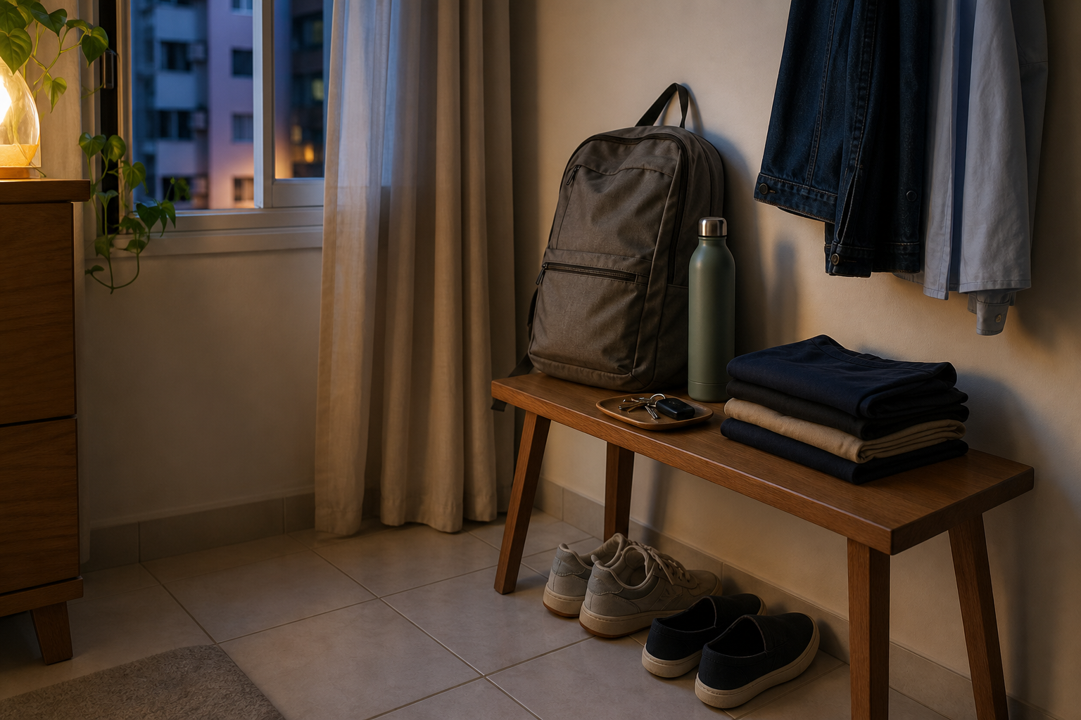Canto de entrada ou quarto com mochila, roupa e itens de segunda-feira já preparados.