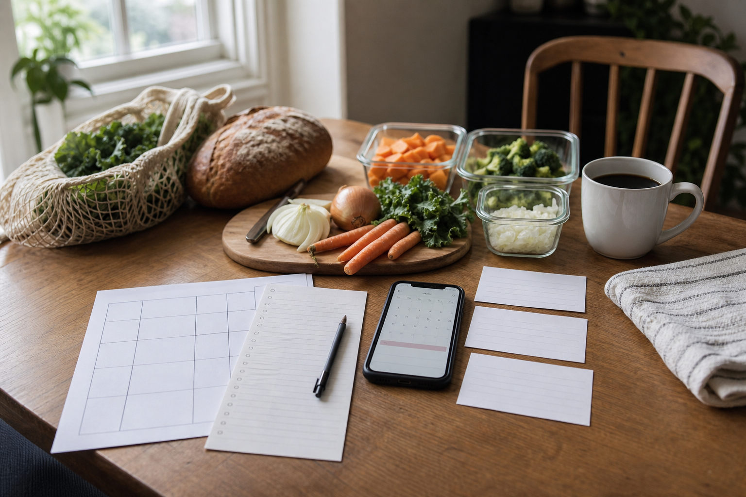 Mesa com plano simples da semana, lista curta de compras e três jantares definidos.