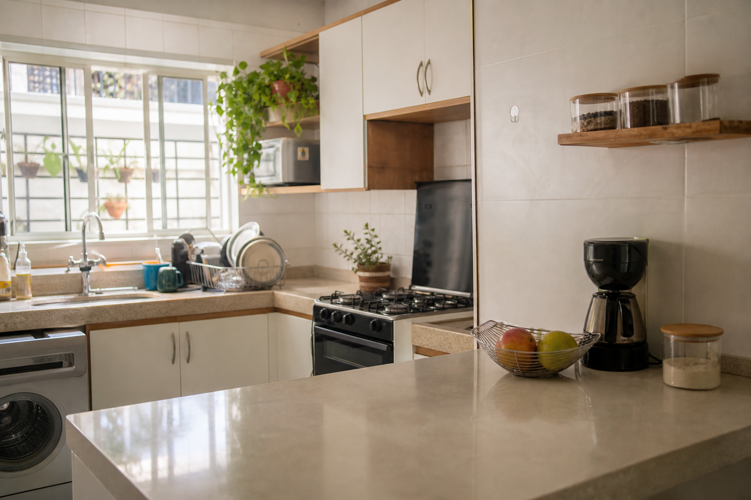 Cozinha organizada rapidamente com louça concentrada e bancada principal limpa antes de receber visita.