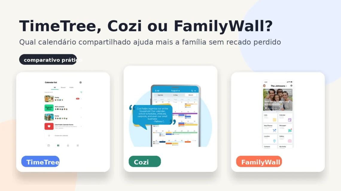 Card editorial comparando os apps TimeTree, Cozi e FamilyWall para calendário compartilhado da família.