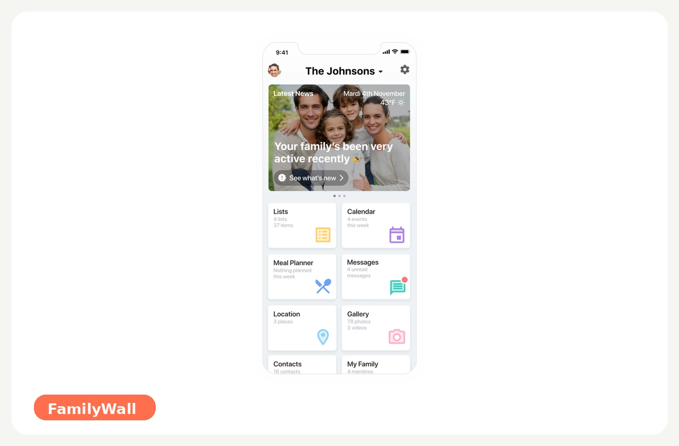 Tela do FamilyWall mostrando dashboard familiar com calendário, listas e organização da rotina.