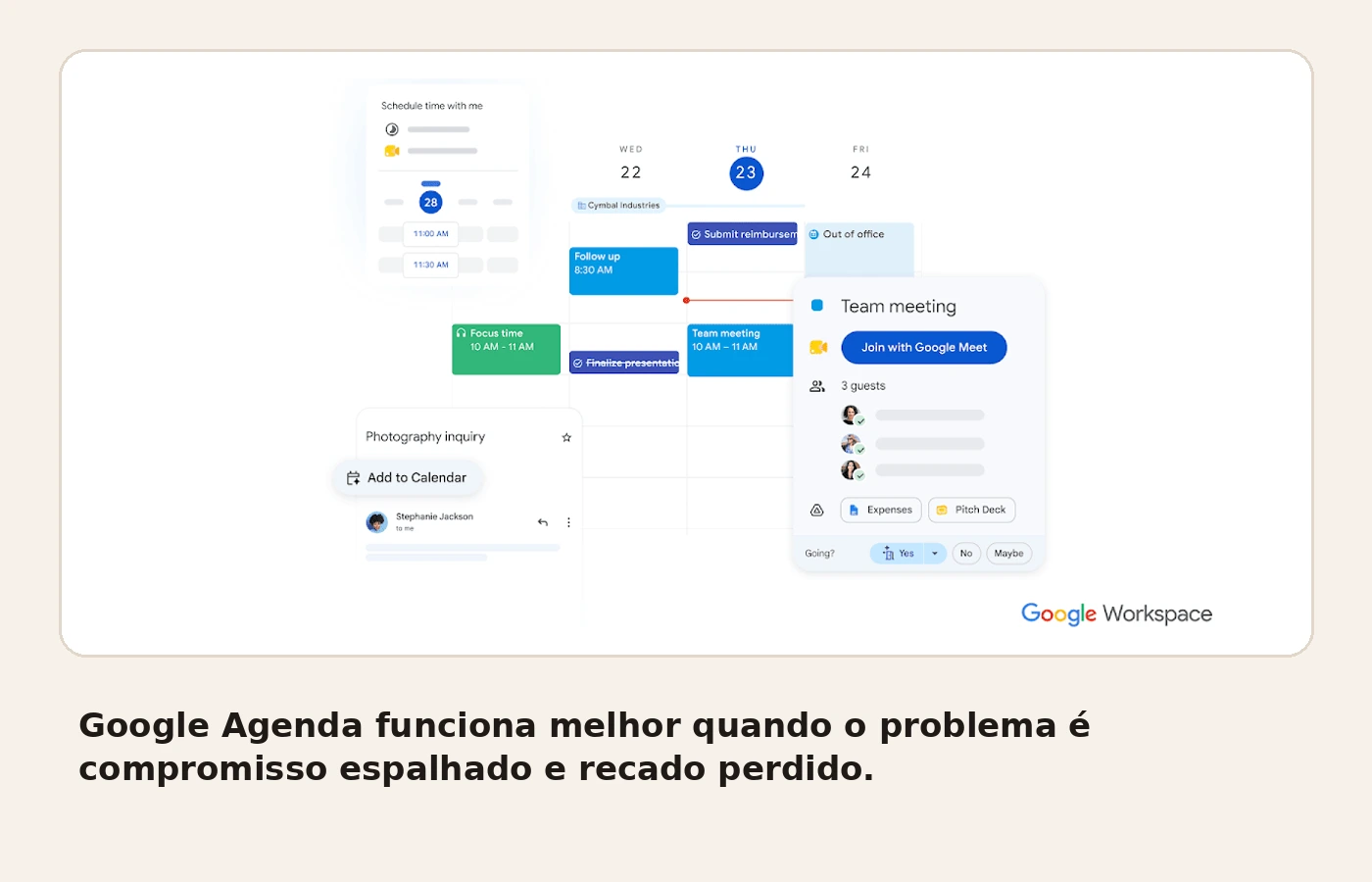 Imagem do Google Agenda mostrando a visualização do calendário e organização de compromissos.