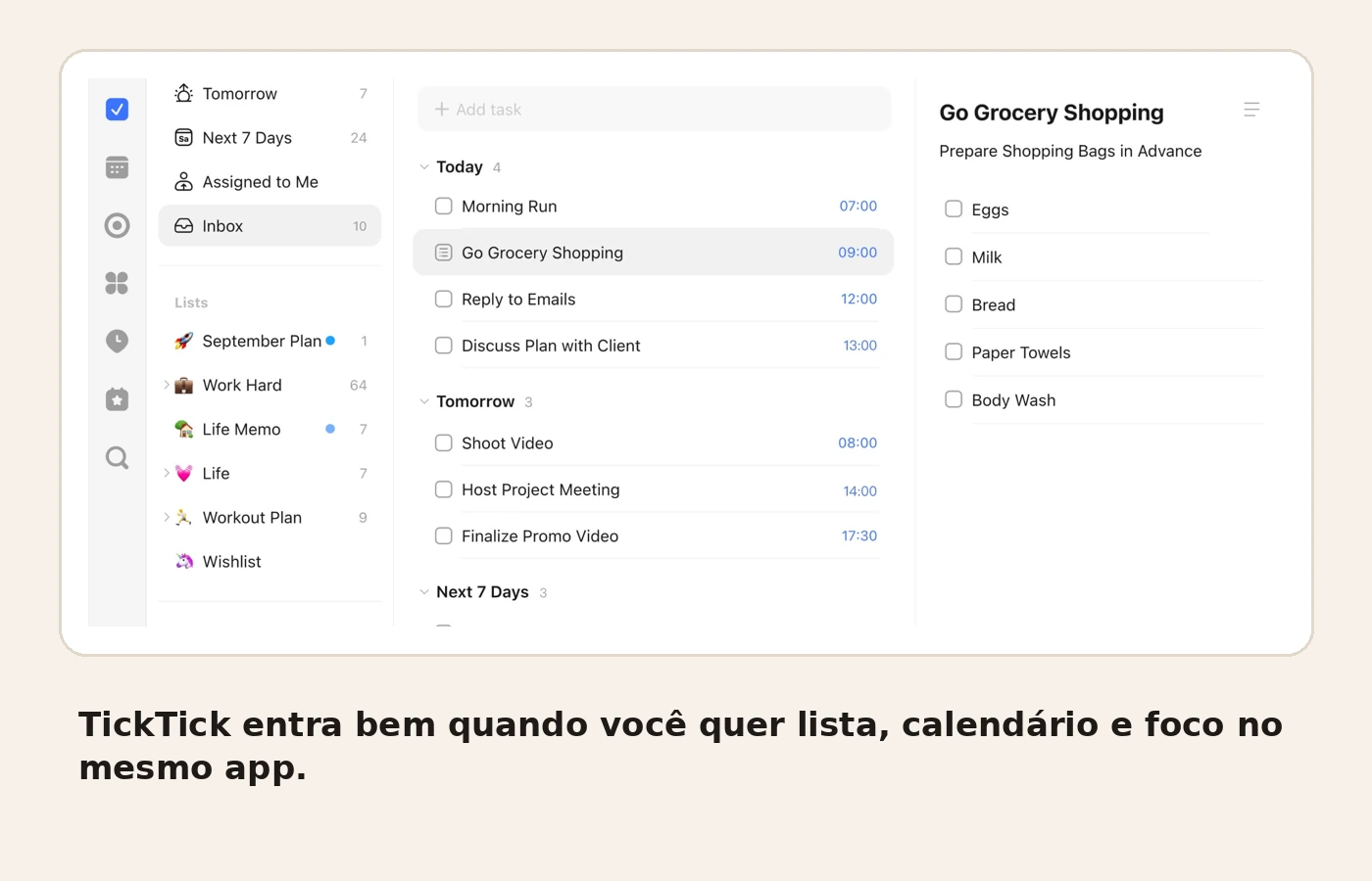 Interface do TickTick com lista de tarefas, calendário e recursos de foco no mesmo aplicativo.