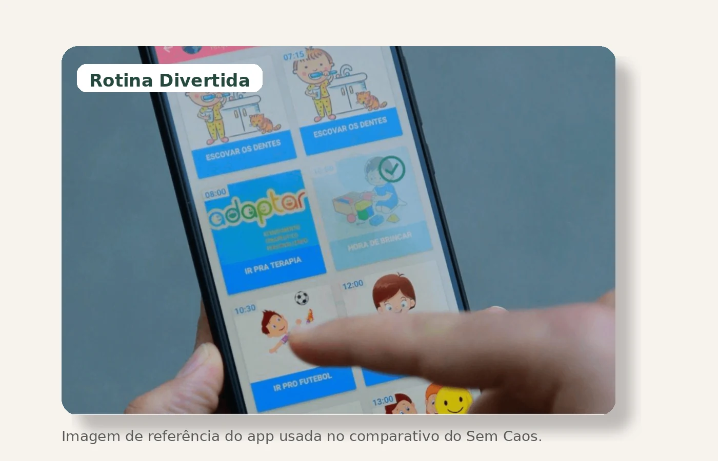 Tela de referência do app Rotina Divertida com foco em rotina visual infantil e tarefas com apoio visual.