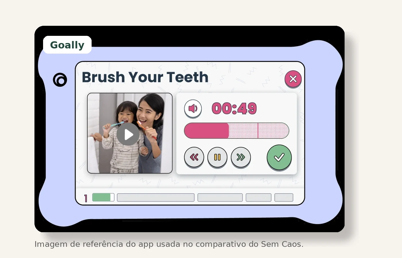 Tela de referência do Goally mostrando rotina visual infantil com imagens, timers e apoio visual.