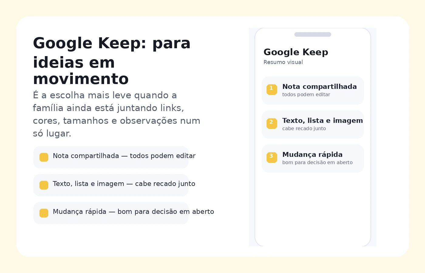 Card editorial resumindo o uso do Google Keep para lista compartilhada de presentes da família.