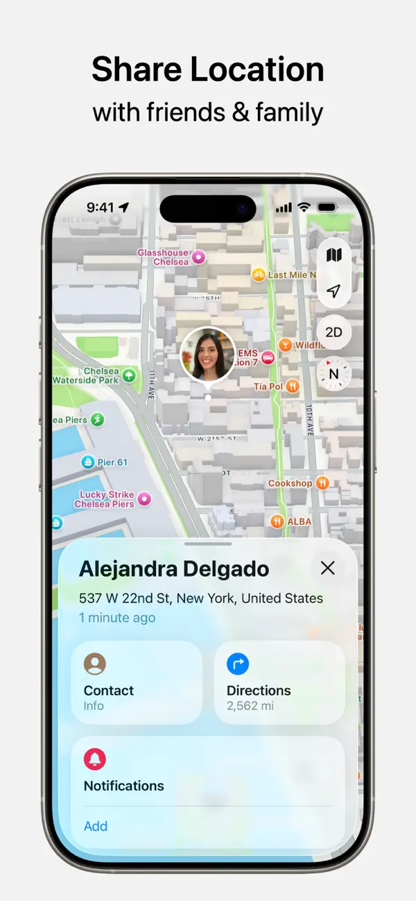 Tela oficial da Apple mostrando o app Buscar com compartilhamento de localização.