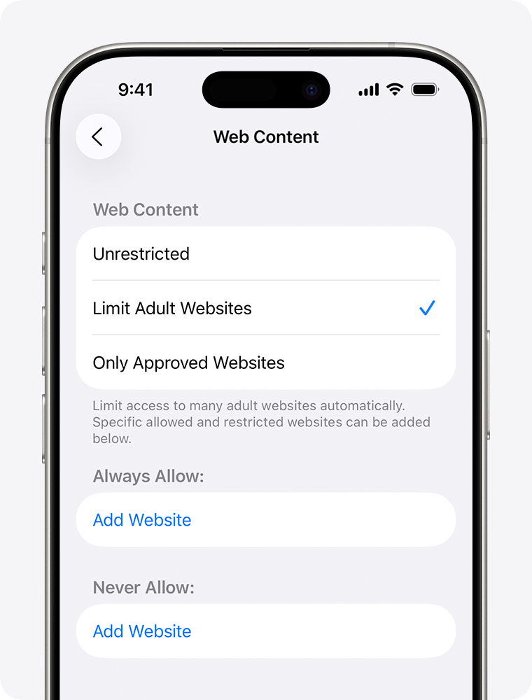 Tela do Apple Screen Time mostrando restrições de conteúdo e web em um iPhone.