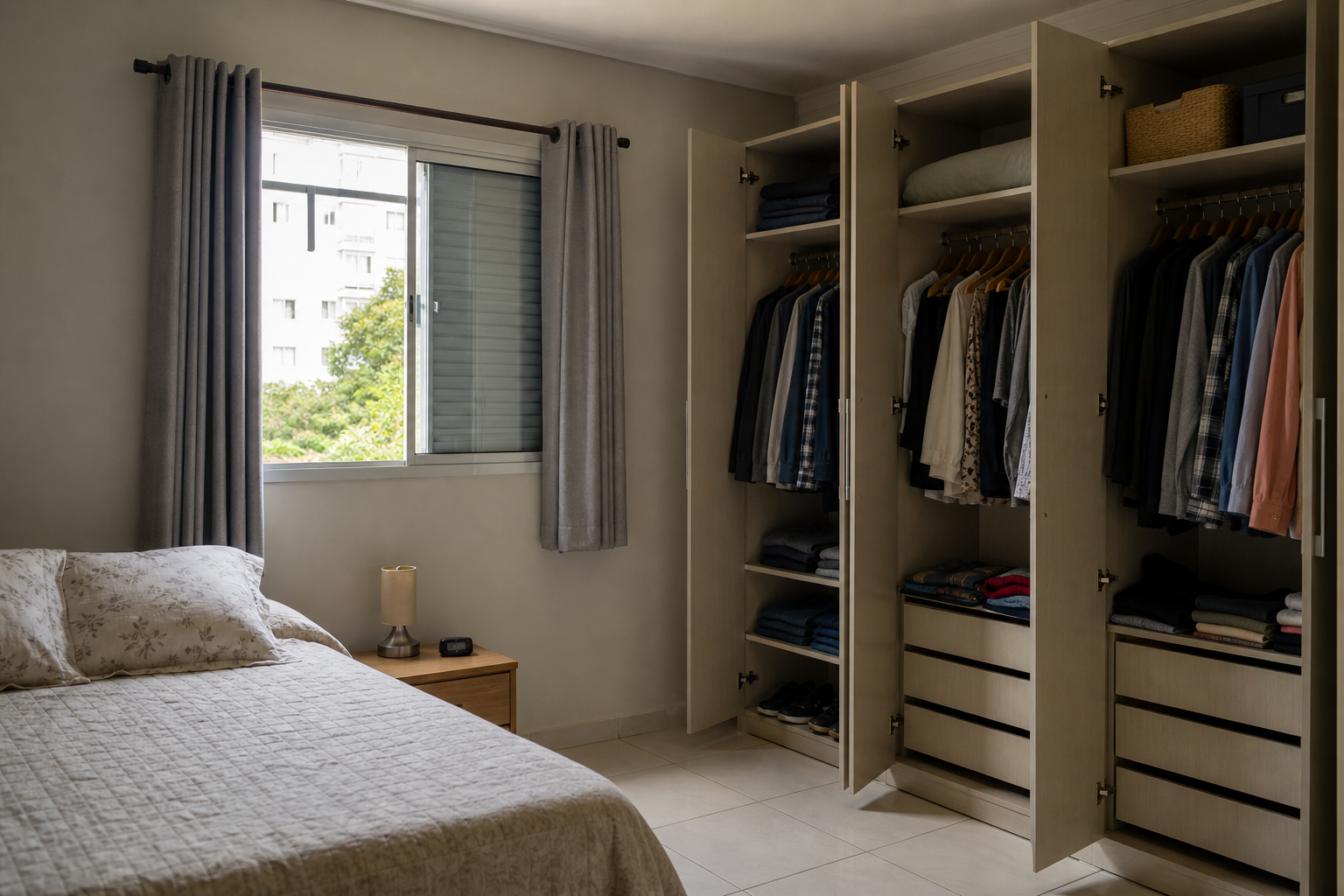 Janela aberta em quarto no inverno com cortina leve e circulação de ar perto do guarda-roupa.