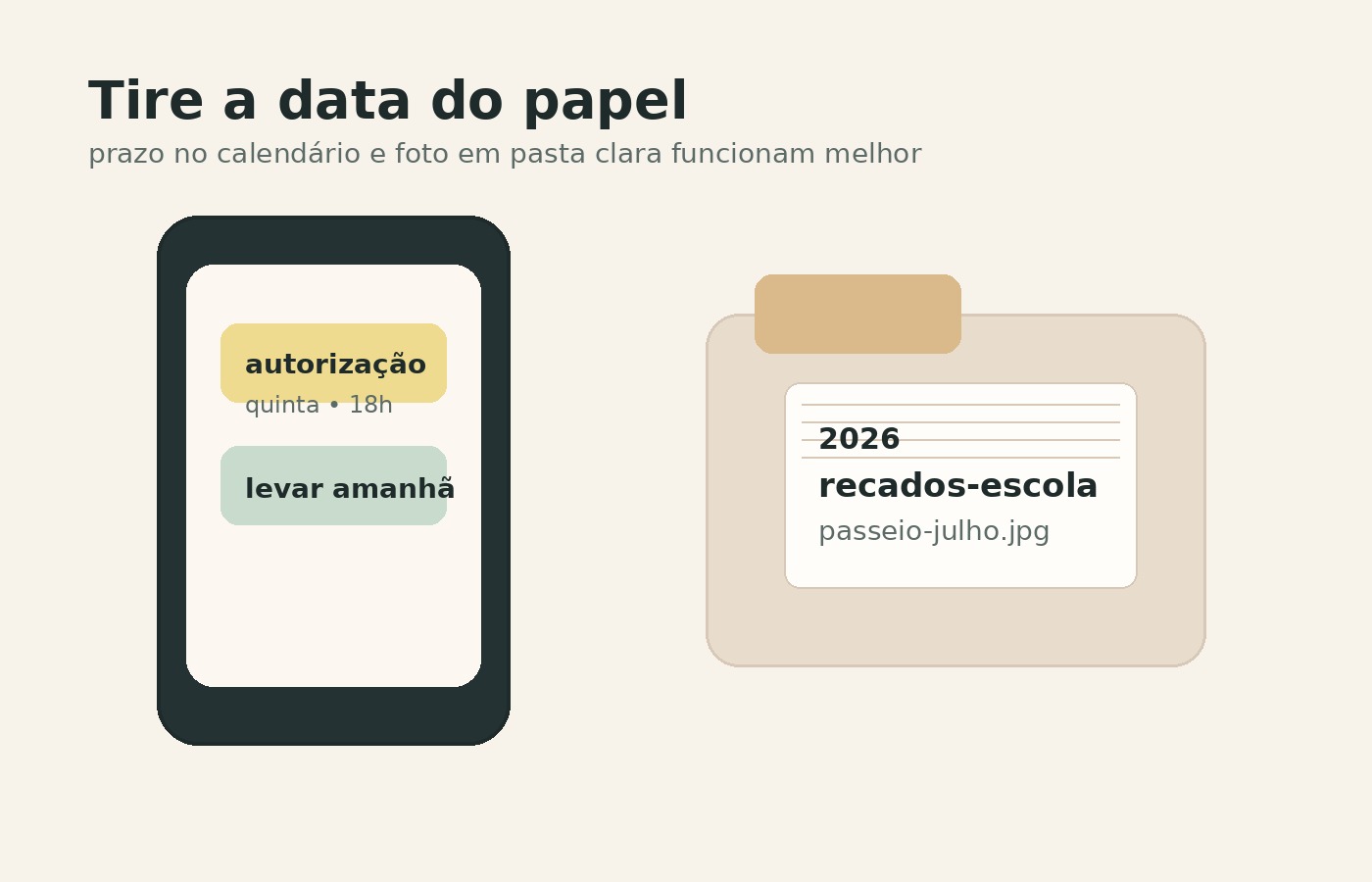 Celular com lembrete e pasta digital para salvar datas e fotos de recados escolares