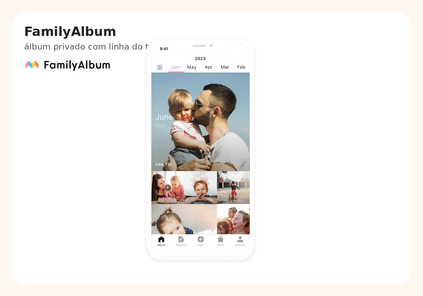 Tela oficial do FamilyAlbum mostrando o app organizado em linha do tempo para fotos da família.