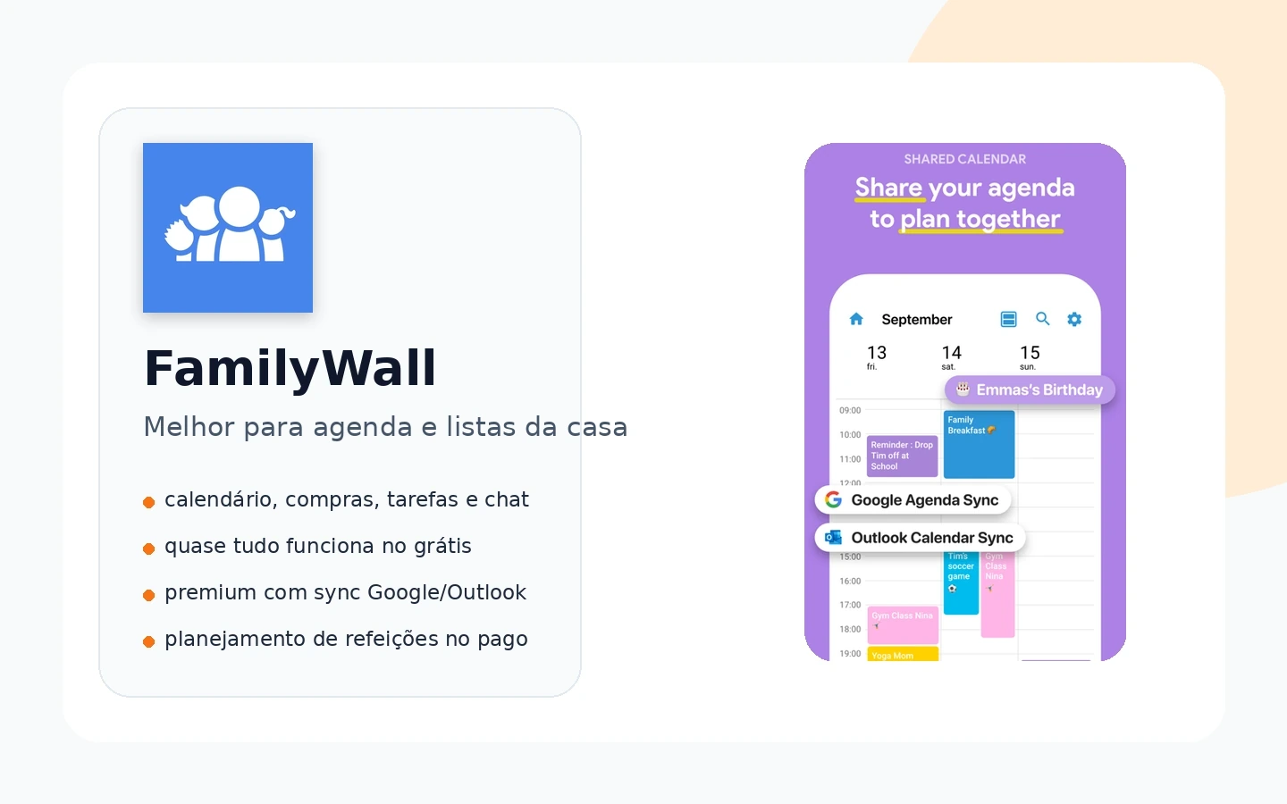 Tela do FamilyWall mostrando painel com agenda e organização familiar útil para a rotina da escola.