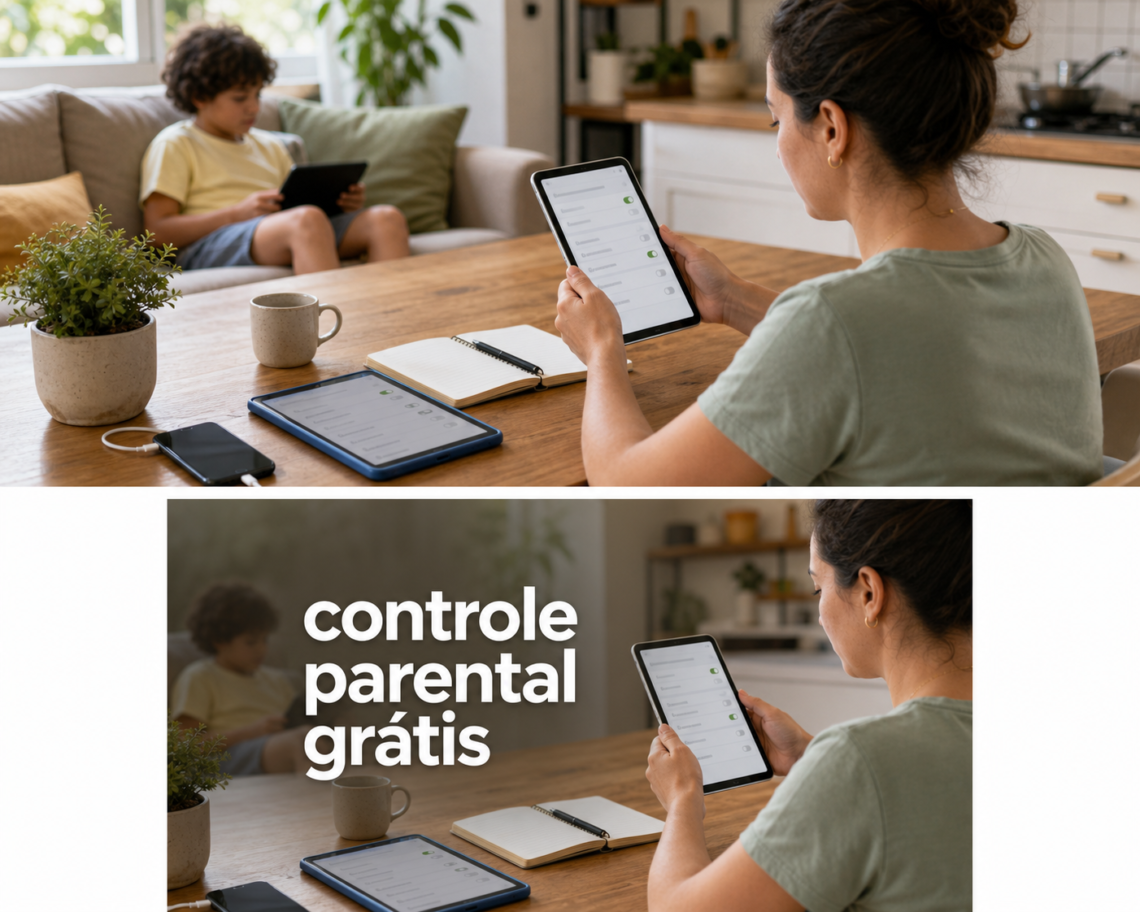 Pai configurando controles parentais em casa com dispositivos infantis por perto.
