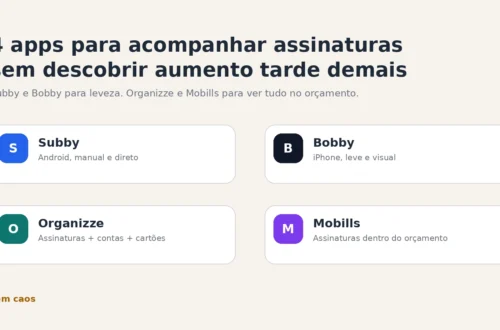 Cards com Subby, Bobby, Organizze e Mobills para acompanhar assinaturas recorrentes sem susto.