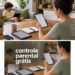 Pai configurando controles parentais em casa com dispositivos infantis por perto.