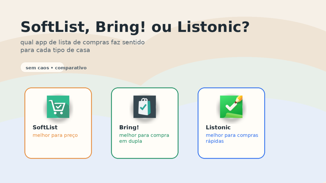 Card comparando SoftList, Bring! e Listonic para escolher um app de lista de compras conforme a rotina da casa.