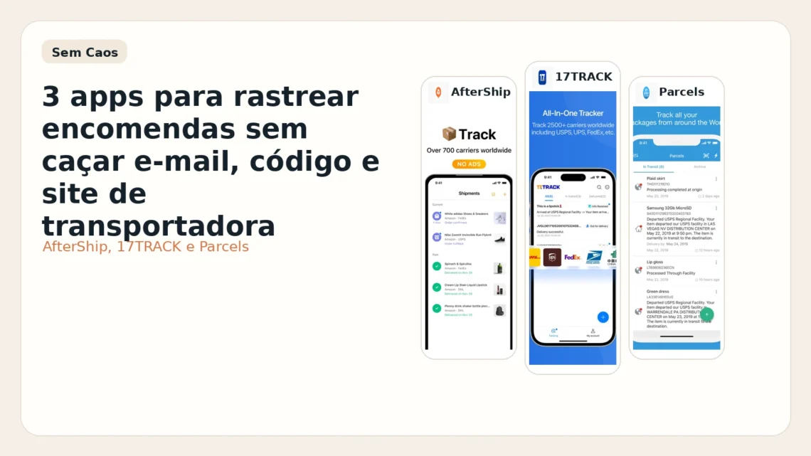 Capa do post comparando AfterShip, 17TRACK e Parcels para rastrear encomendas.