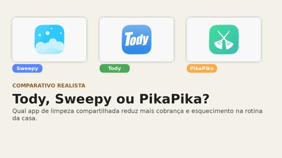 Capa do comparativo entre Tody, Sweepy e PikaPika para organizar limpeza compartilhada da casa.