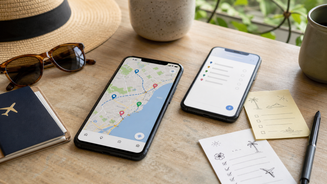 Mesa com celular exibindo mapa de viagem e nota de planejamento, representando organização de lugares salvos sem prints soltos.