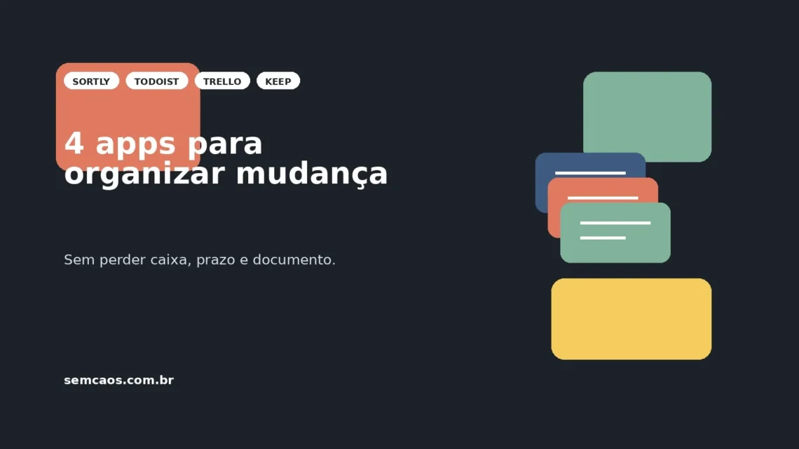 Capa do Sem Caos com quatro apps para organizar mudança: Sortly, Todoist, Trello e Google Keep.