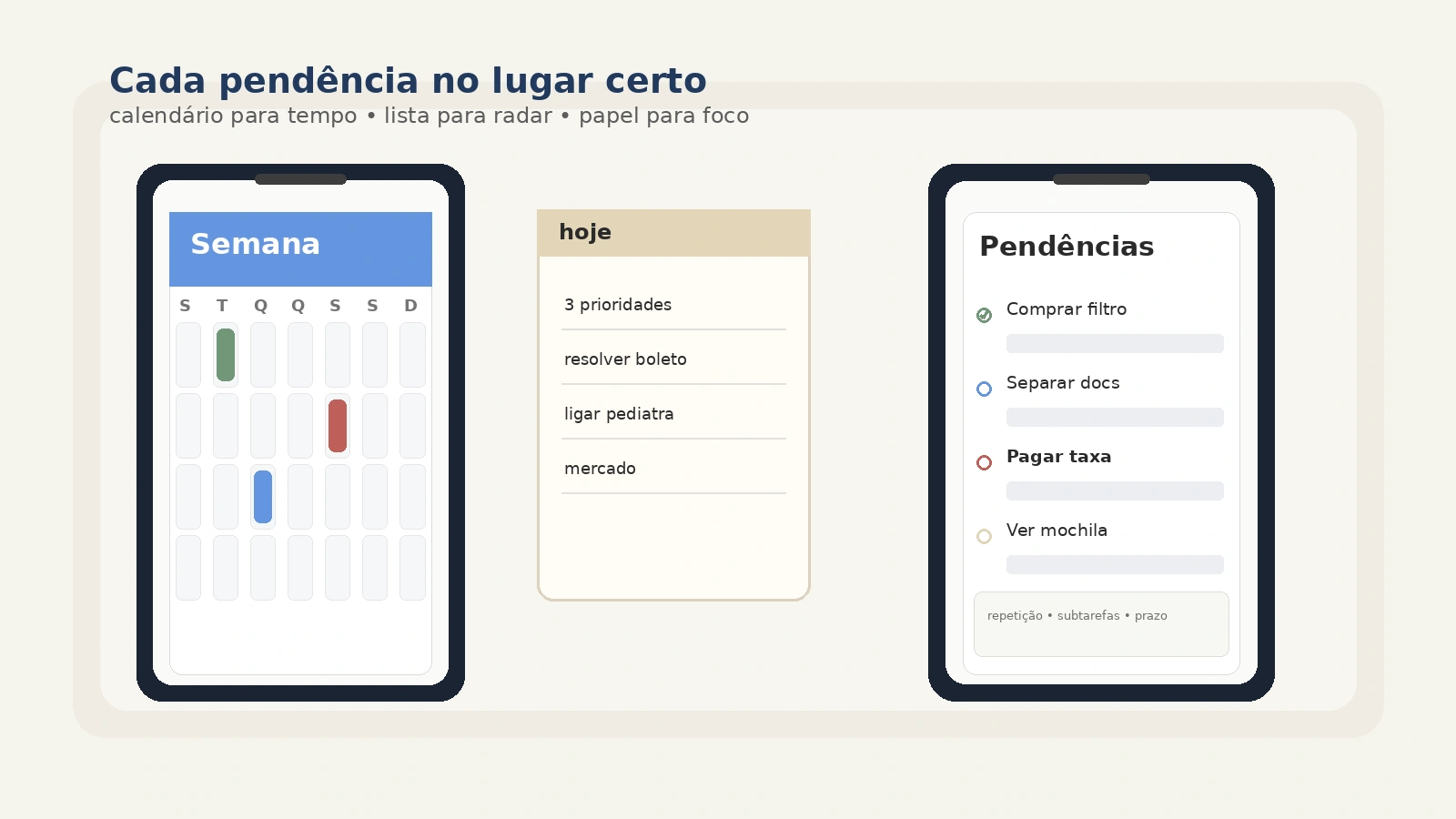 Calendário digital, caderno de papel e checklist visual lado a lado em uma mesma rotina.