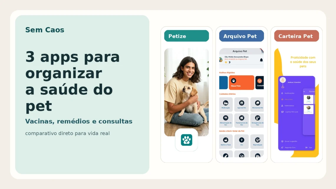 Capa do Sem Caos comparando Petize, Arquivo Pet e Carteira Pet para organizar a saúde do pet.
