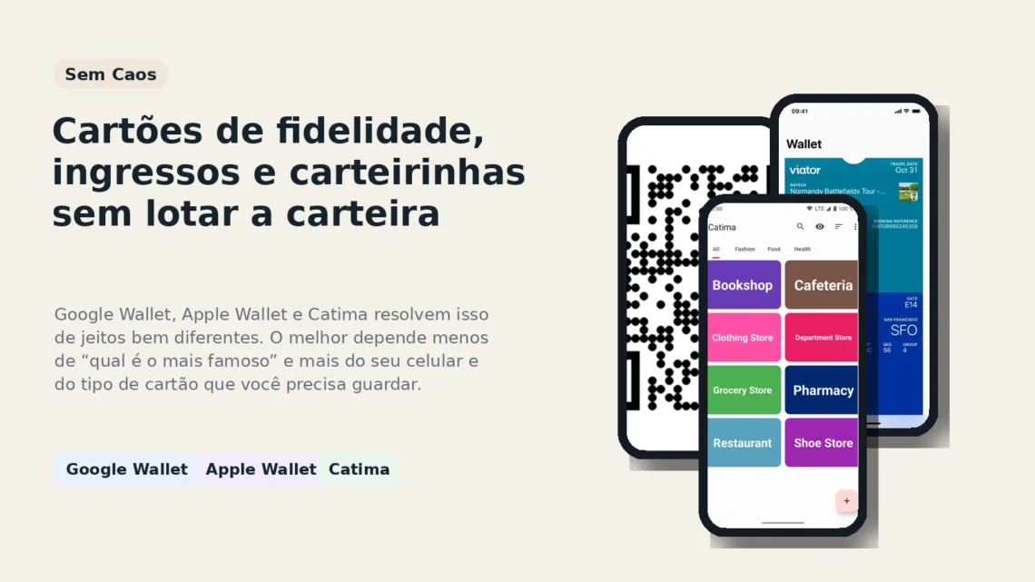 Capa do Sem Caos comparando Google Wallet, Apple Wallet e Catima para guardar cartões de fidelidade e ingressos.