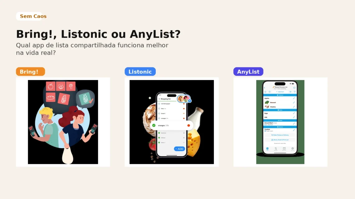 Capa do Sem Caos comparando Bring!, Listonic e AnyList para lista de compras compartilhada.