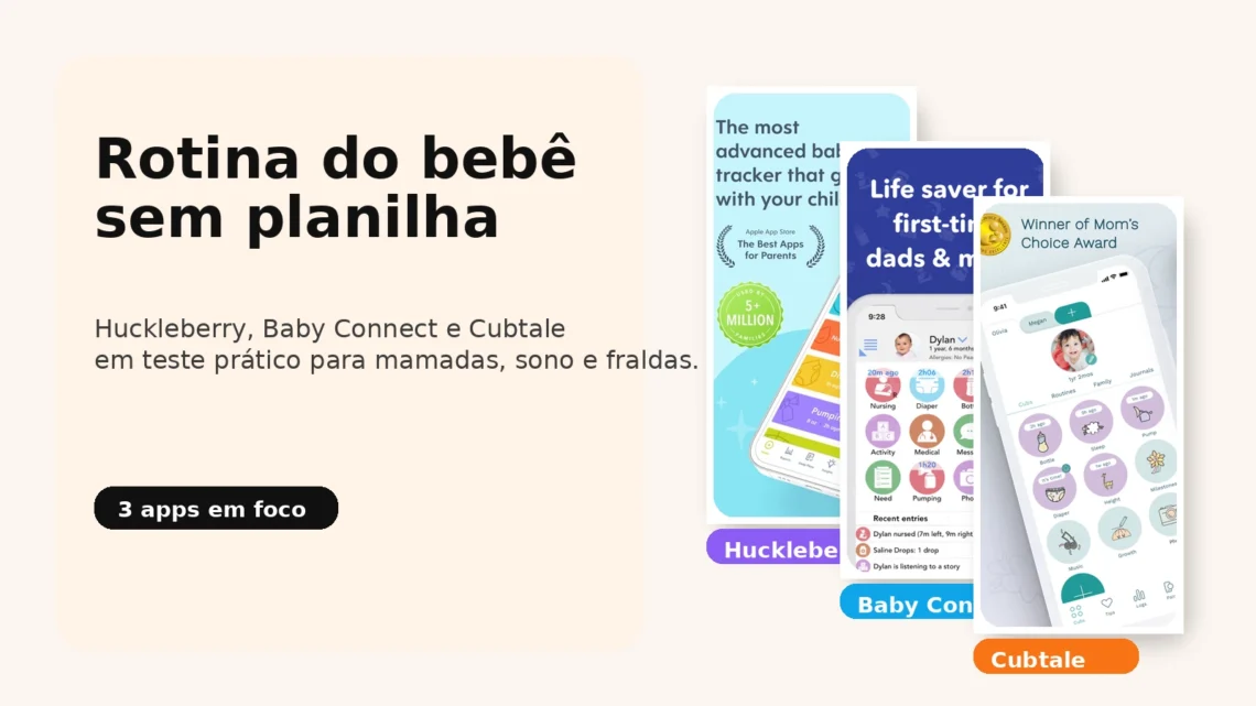 Capa do Sem Caos sobre três apps para organizar mamadas, sono e fraldas do bebê sem virar planilha.