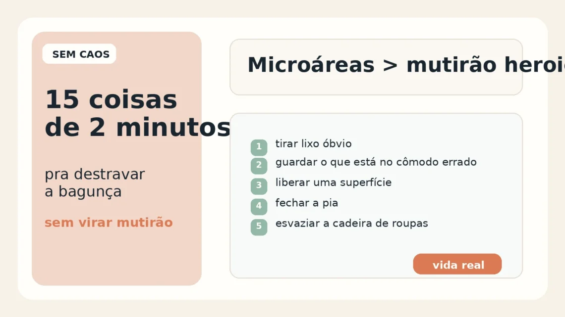 Ilustração editorial do Sem Caos sobre micro-decluttering com checklist curto para destravar a bagunça sem mutirão.