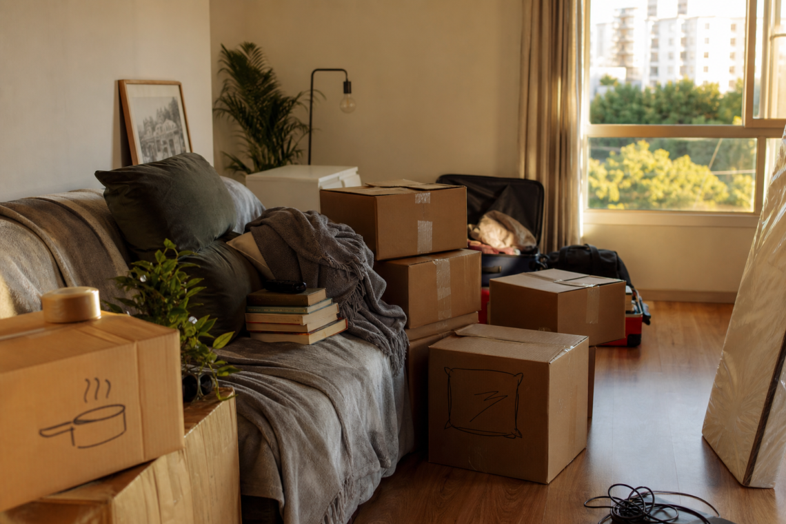 Sala de apartamento em mudança com caixas etiquetadas e organização prática para embalar e desembalar sem caos.