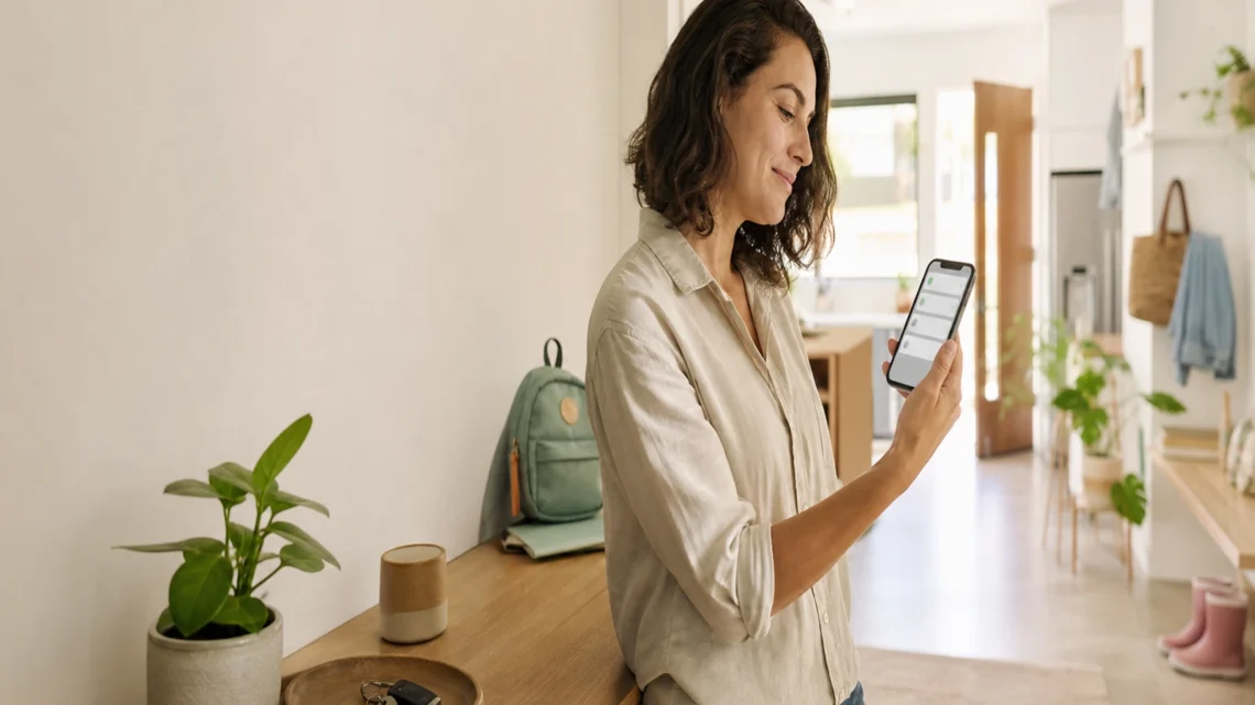 Pessoa em casa olhando o celular com poucas notificações importantes e ambiente doméstico calmo.