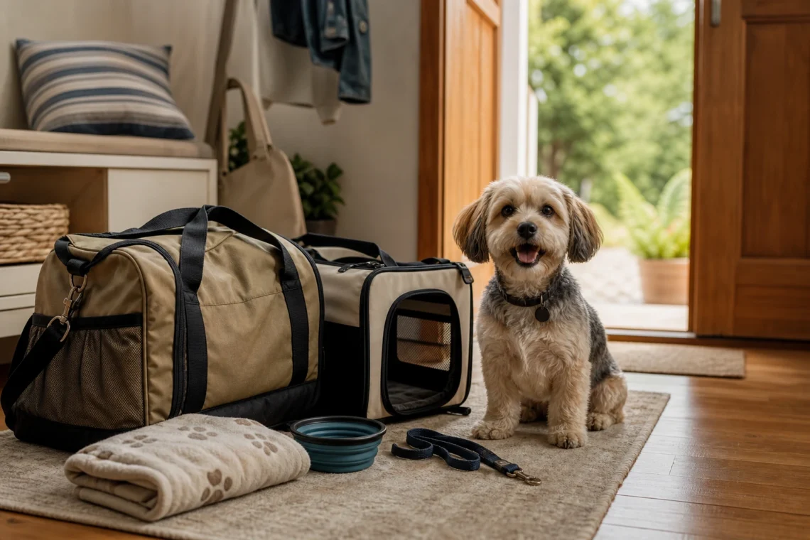 Cachorro pequeno ao lado de bolsa de viagem e caixa de transporte organizadas antes de sair.