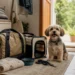 Cachorro pequeno ao lado de bolsa de viagem e caixa de transporte organizadas antes de sair.